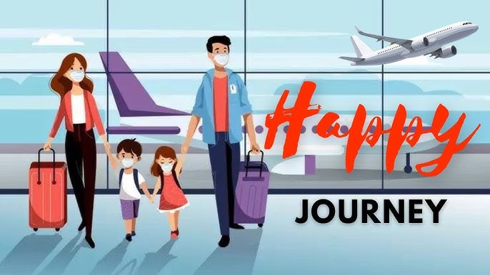 A happy family at an airport, wearing masks, holding luggage, with "Happy Journey" text and an airplane in the background A happy family at an airport, wearing masks, holding luggage, with "Happy Journey" text and an airplane in the background