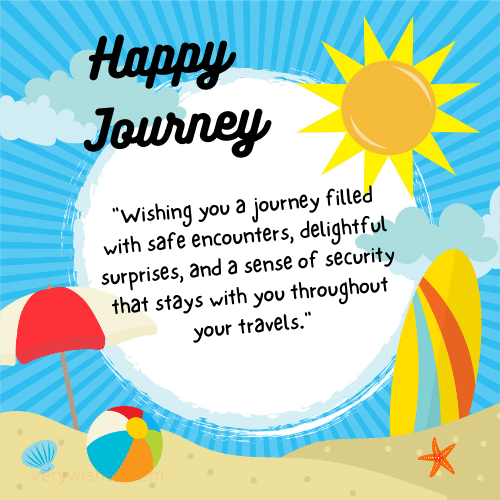 A colorful beach-themed "Happy Journey" wish with a bright sun, ocean waves, and travel-related illustrations A colorful beach-themed "Happy Journey" wish with a bright sun, ocean waves, and travel-related illustrations