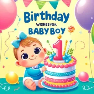 A baby boy wearing a party hat, smiling with balloons in the background Birthday Wishes for Baby Boy