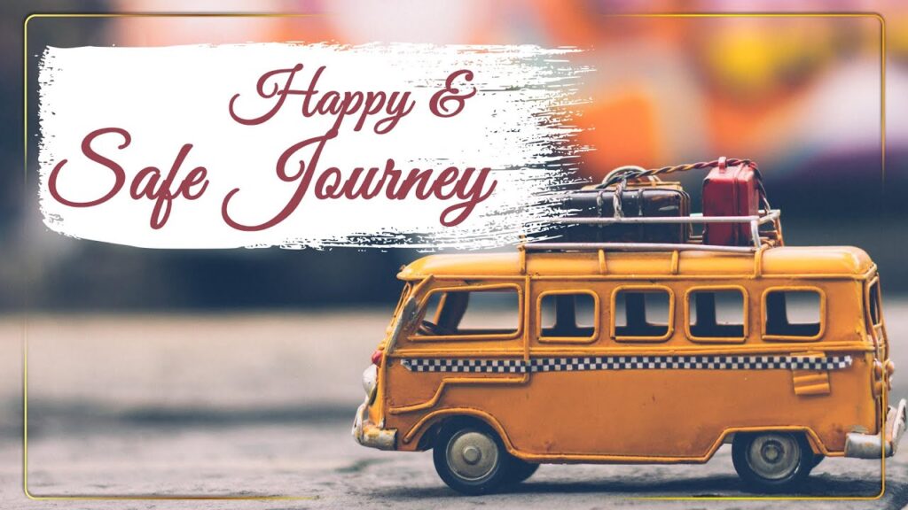 A vintage yellow bus with luggage on top, featuring "Happy & Safe Journey" text in a stylish font. A vintage yellow bus with luggage on top, featuring "Happy & Safe Journey" text in a stylish font.