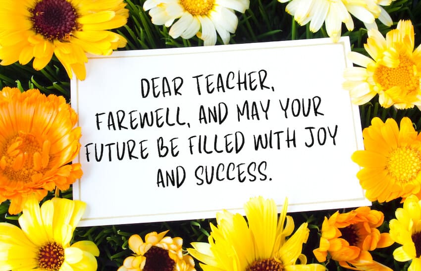 A teacher receiving flowers and a farewell note from students