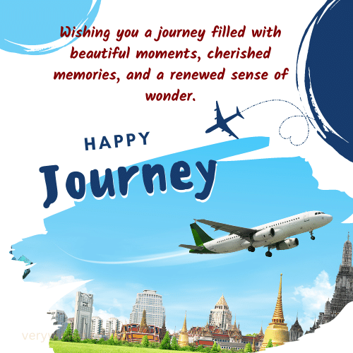 A travel-themed illustration with an airplane, famous landmarks, and the text "Happy Journey" along with a heartfelt travel wish A travel-themed illustration with an airplane, famous landmarks, and the text "Happy Journey" along with a heartfelt travel wish