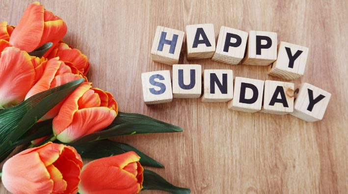 Happy Sunday message with wooden letter blocks and orange tulips
