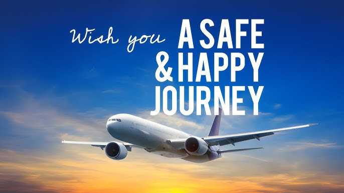 An airplane flying against a sunset sky with the text "Wish you a Safe & Happy Journey An airplane flying against a sunset sky with the text "Wish you a Safe & Happy Journey