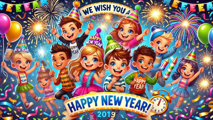 A group of excited children at a New Year celebration, holding party props and sparklers. The text "We Wish You a Happy New Year 2019" is displayed above them, with fireworks and festive decorations in the background.