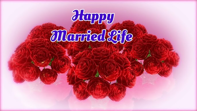 Happy Married Life message with a bouquet of red roses Happy Married Life message with a bouquet of red roses