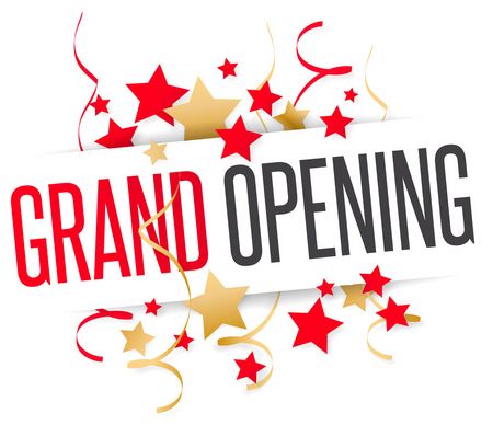 A "Grand Opening" banner with red and gold stars and confetti A "Grand Opening" banner with red and gold stars and confetti
